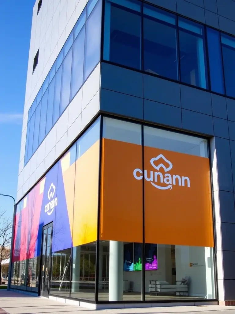 A photograph of a modern office building with a company logo, symbolizing the successful establishment of a registered business.
