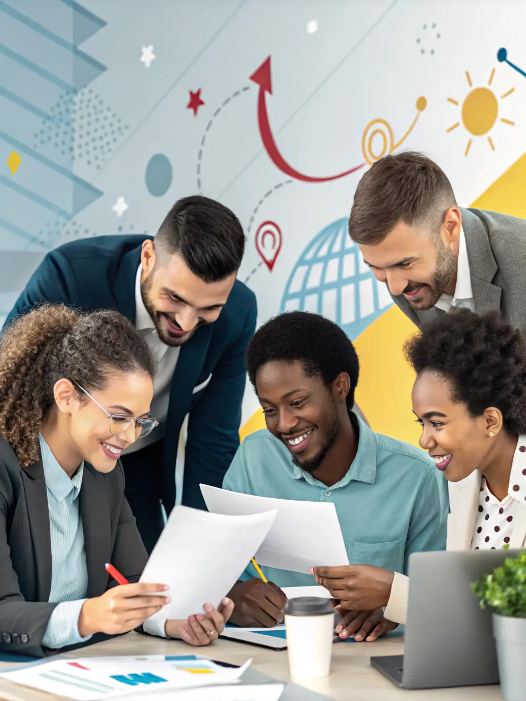 An image of a diverse group of business professionals collaborating in a modern office setting, emphasizing teamwork and compliance.